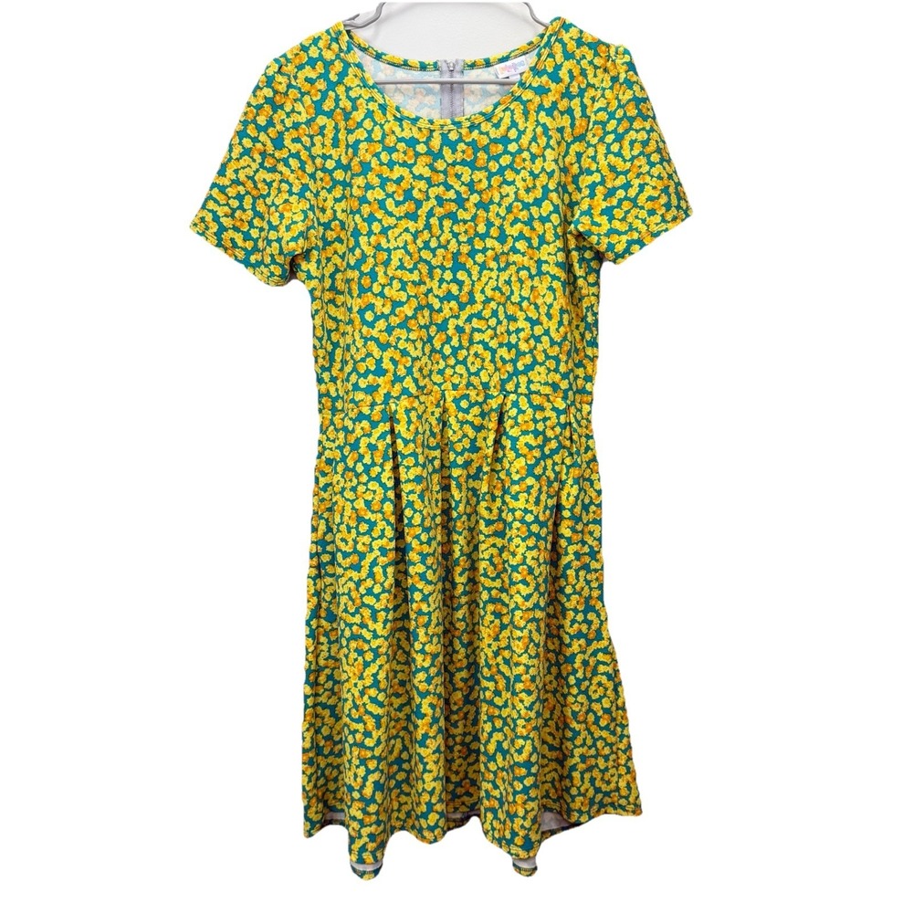 LuLaRoe Yellow‎ Teal Colorful Ditsy Floral Pockets Stretch Amelia Dress Size 2XL